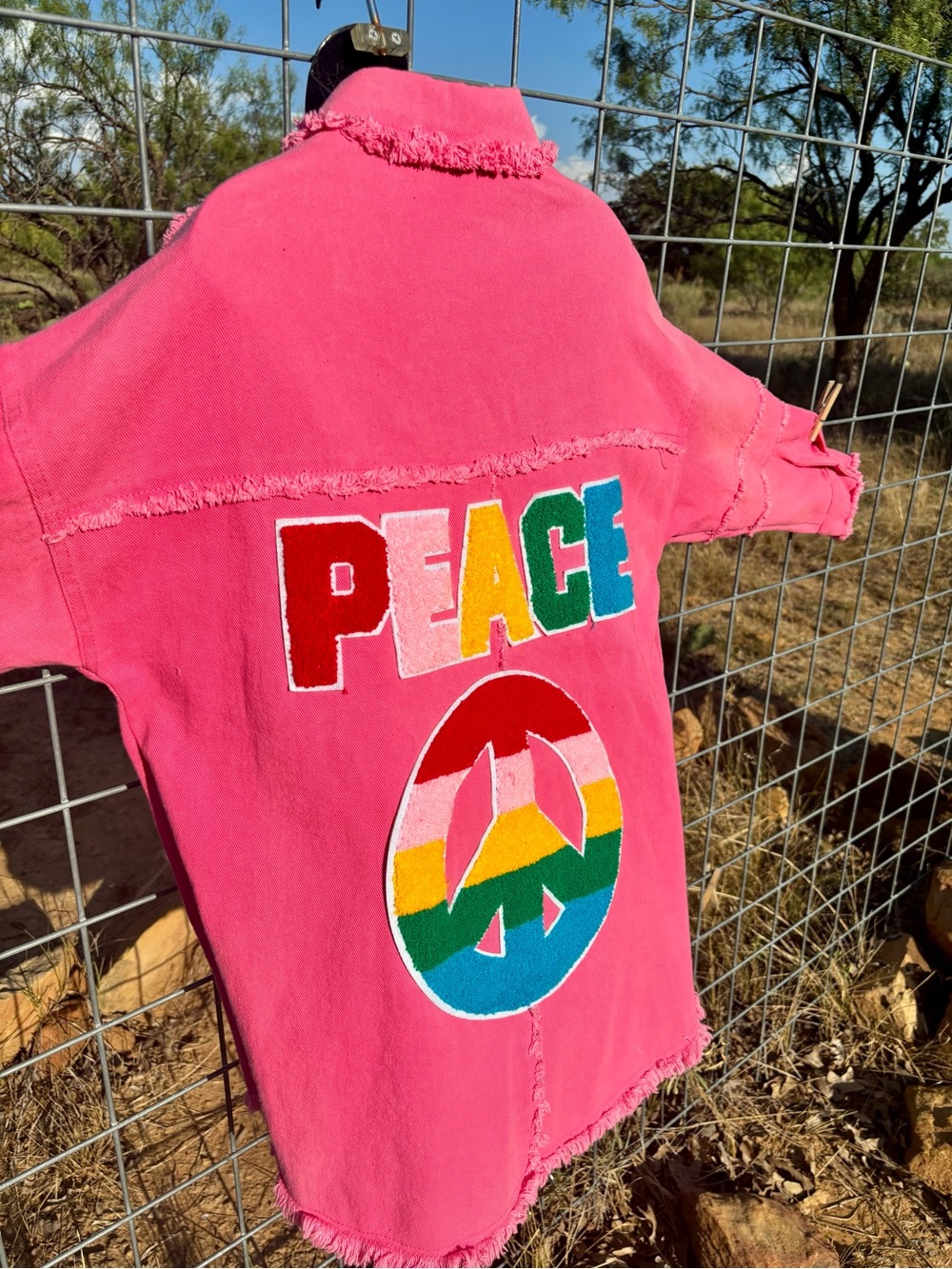 Hot Pink Frayed 'PEACE’ Denim Jacket - Picture 3 of 5